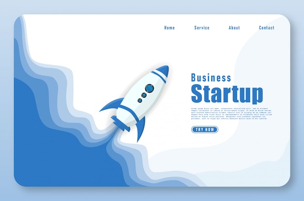 Landing page with rocket launch in papercut style