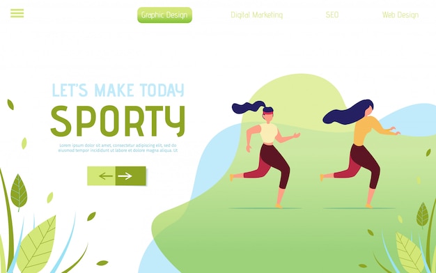 Landing Page with Running Cartoon Active People