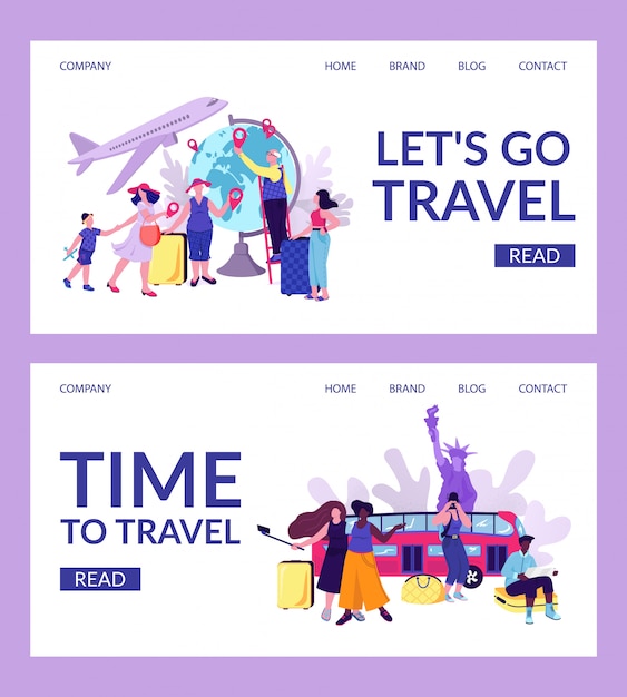 Landing  people travel at  website set, web tourist at template page  illustration.  character at  slide concept. Journey  element collection, vacation background.