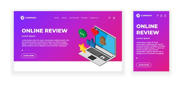 Landing web page concept design template. Online review theme. Laptop device with feedback rating signs - thumb up, heart, message, star. Mobile app, UI, UX, site. Vector illustration EPS10