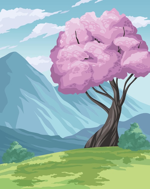 Landscape anime with lilac tree