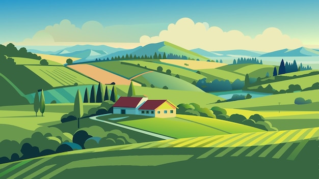 Vector landscape art seasonal hills and grass field with farm background