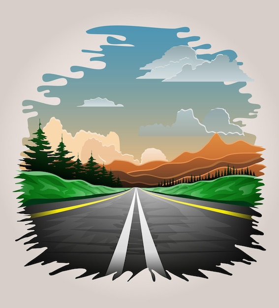 landscape asphalt auto road in nature among mountains hills and trees vector illustration