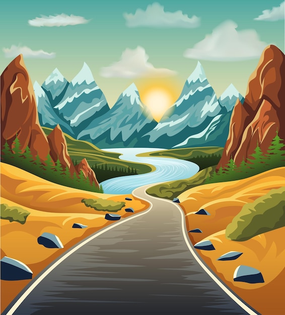 landscape asphalt auto road in nature among mountains hills and trees vector illustration