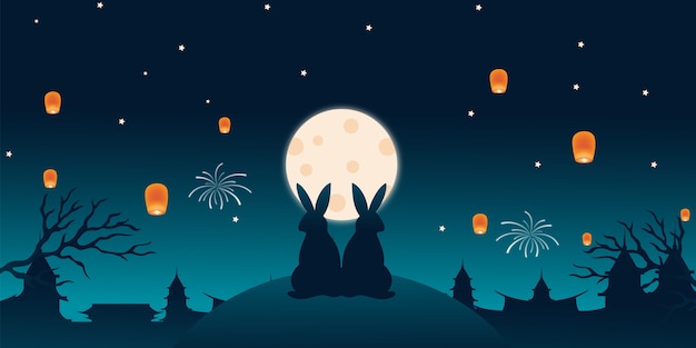 Landscape background couple rabbit see on hill mid autumn festival celebration