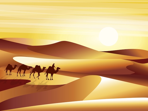 Vector landscape background desert with dunes, barkhans and caravan of camels  illustration.