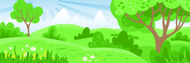 Landscape cartoon background Vector Green nature Landscape with green grass bush trees and blue sky