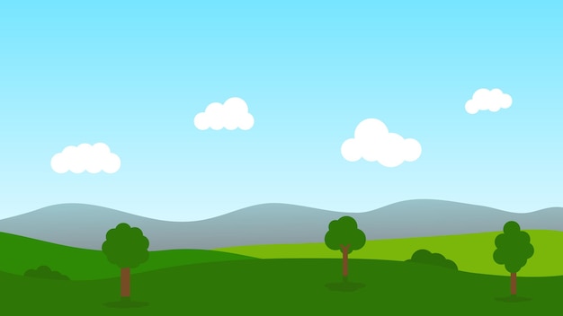 landscape cartoon scene with green hills and white cloud in summer blue sky background