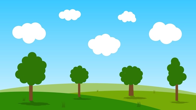 landscape cartoon scene with green hills and white cloud in summer blue sky background