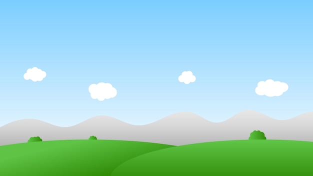 Landscape cartoon scene with green trees on hills and white fluffy cloud in blue sky