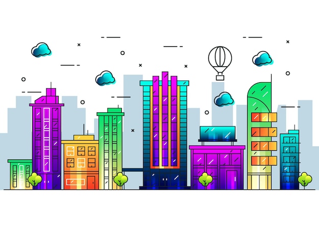 Landscape city line illustration with colorful background