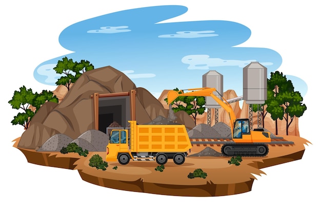 Landscape of coal mining scene with crane and trucks