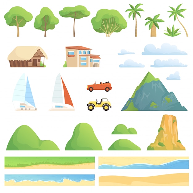 Landscape constructor. Rivers gardens houses transport mountains and hills trees  cartoon creation kit collection