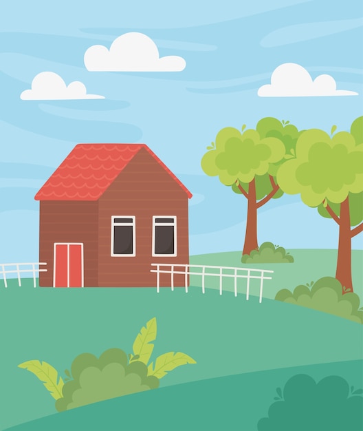 Landscape cottage with fence trees garden and meadow cartoon illustration