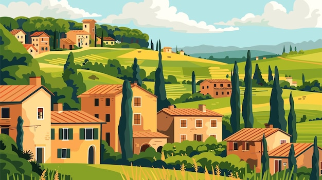 Vector landscape in countryside italy with houses fields vineyards and trees european summer village vector