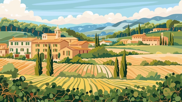 Vector landscape in countryside italy with houses fields vineyards and trees european summer village vector