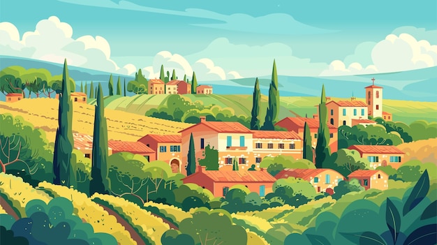 Vector landscape in countryside italy with houses fields vineyards and trees european summer village vector