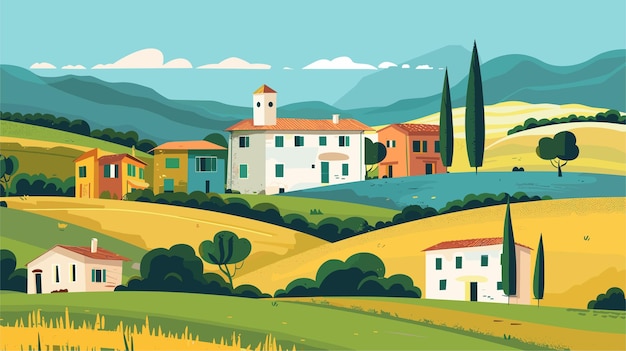 Vector landscape in countryside italy with houses fields vineyards and trees european summer village vector