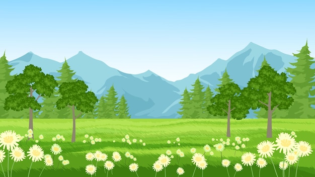 Landscape in countryside with mountain trees meadow and flowers