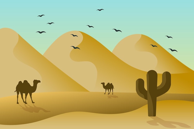 Landscape desert with dunes camels and cacti against a blue sky with birds Illustration