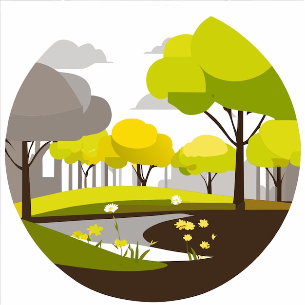 Vector landscape design geoplastics tree grass identical flowers bushes in a circle vector illustration