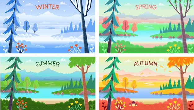 Vector landscape four seasons. winter, spring, summer, autumn. forest landscape with trees, bushes, flowers, road, and a lake.