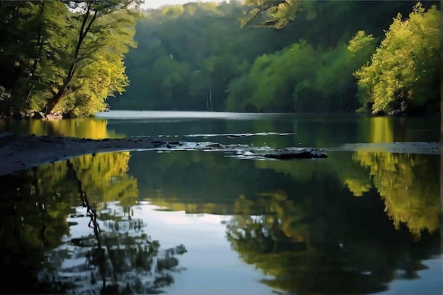 Vector landscape of the green leaves reflected in the lake