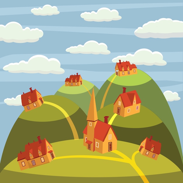 Landscape. Houses in the mountains. Cartoon style flat, vector illustrations