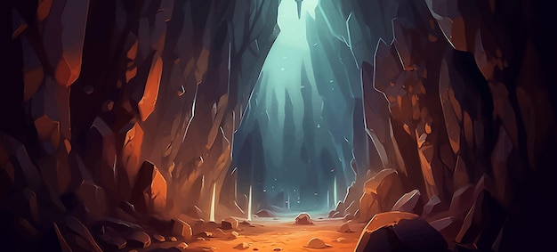 Vector landscape illustration fantasy nature cave cartoon art mountain stone design background tree rock