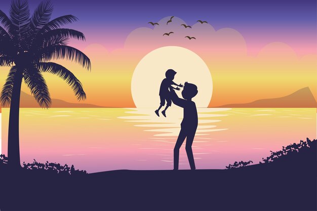 Vector landscape illustration of son with dad by the beach