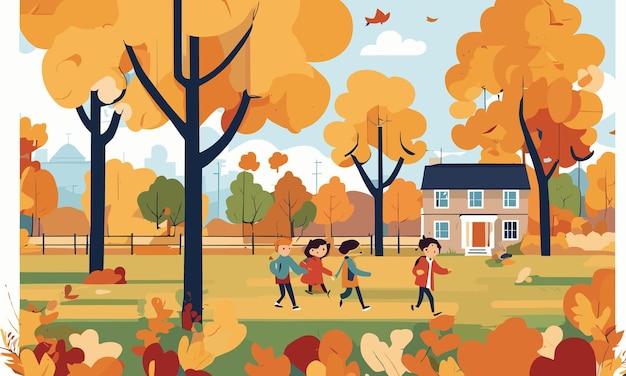 Vector landscape kids play in the yard in autumn in flat style illustration