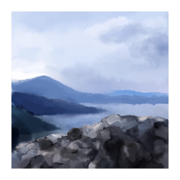 Landscape Mediterranean Sea Mountains. Watercolor vector drawing made by hand. Isolated.