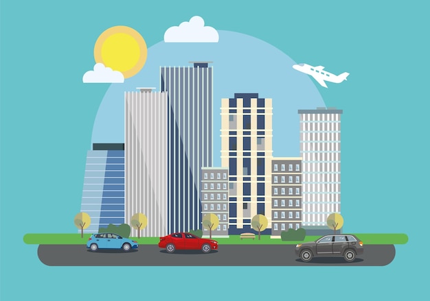 The landscape of the modern city with cars. Vector illustration.