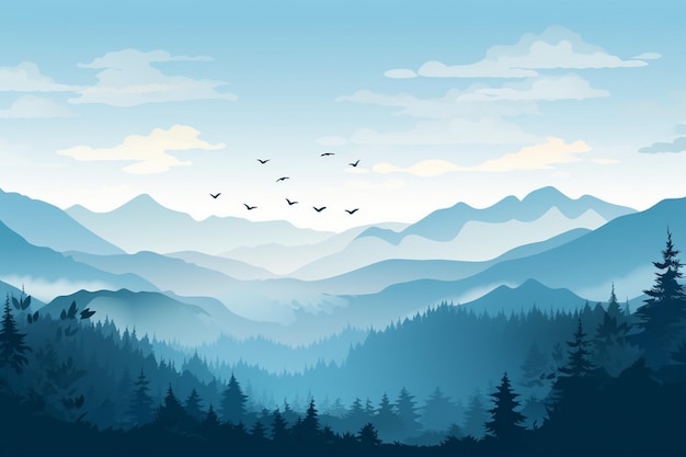 a landscape of mountains with birds flying over them