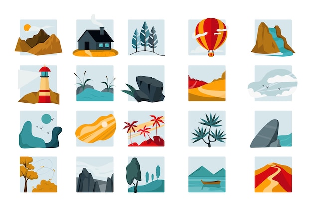 Landscape nature flat set icons concept without people scene in the flat cartoon design icons