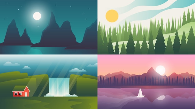 Vector landscape. nature scenery set with mountains, waterfall and hill