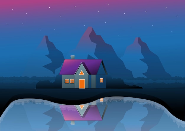 Landscape night illustration of a house beside a lake