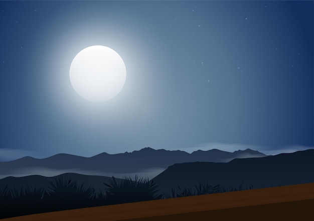 Vector landscape nighttime with mountain full moon mist and star