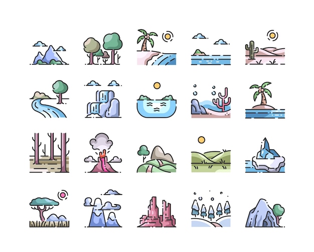 Landscape outline color icons set