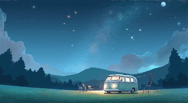 Landscape painting of a van under blue night sky 2D illustration