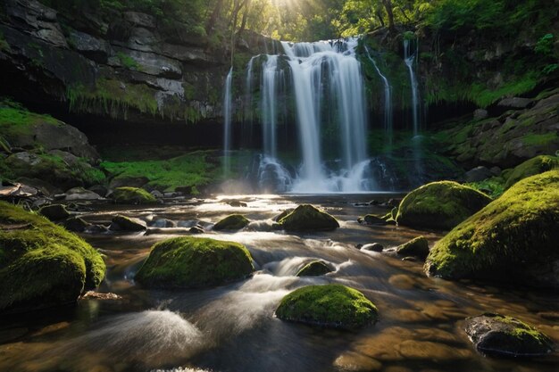 Vector landscape of peaceful waterfall with green moss in the tropical rainforest