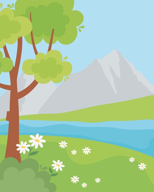 Landscape rocky mountain grass flowers and tree illustration