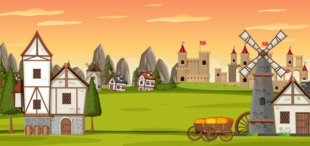 Vector landscape scene with medieval town