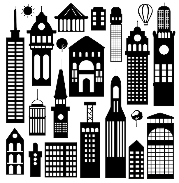 Landscape set of buildings silhouetted on white background