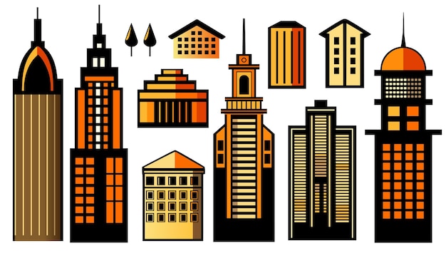 Landscape set of buildings silhouetted on white background