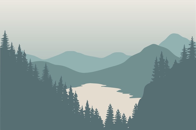 landscape silhouette of mountains with lake and forest