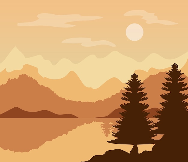 Landscape in sunset moment with pine trees and lake.