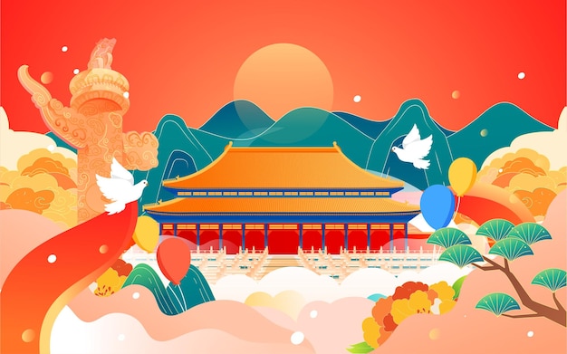 Landscape of traditional ancient buildings with mountains and clouds in the background vector