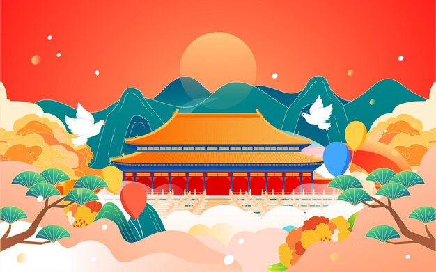 Landscape of traditional ancient buildings with mountains and clouds in the background vector