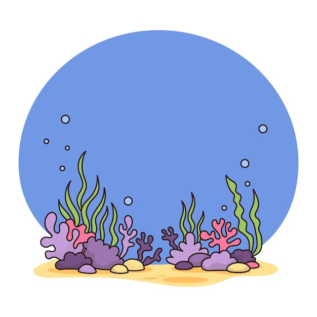 Vector landscape underwater bottom with algae corals and sand on blue background vector illustration